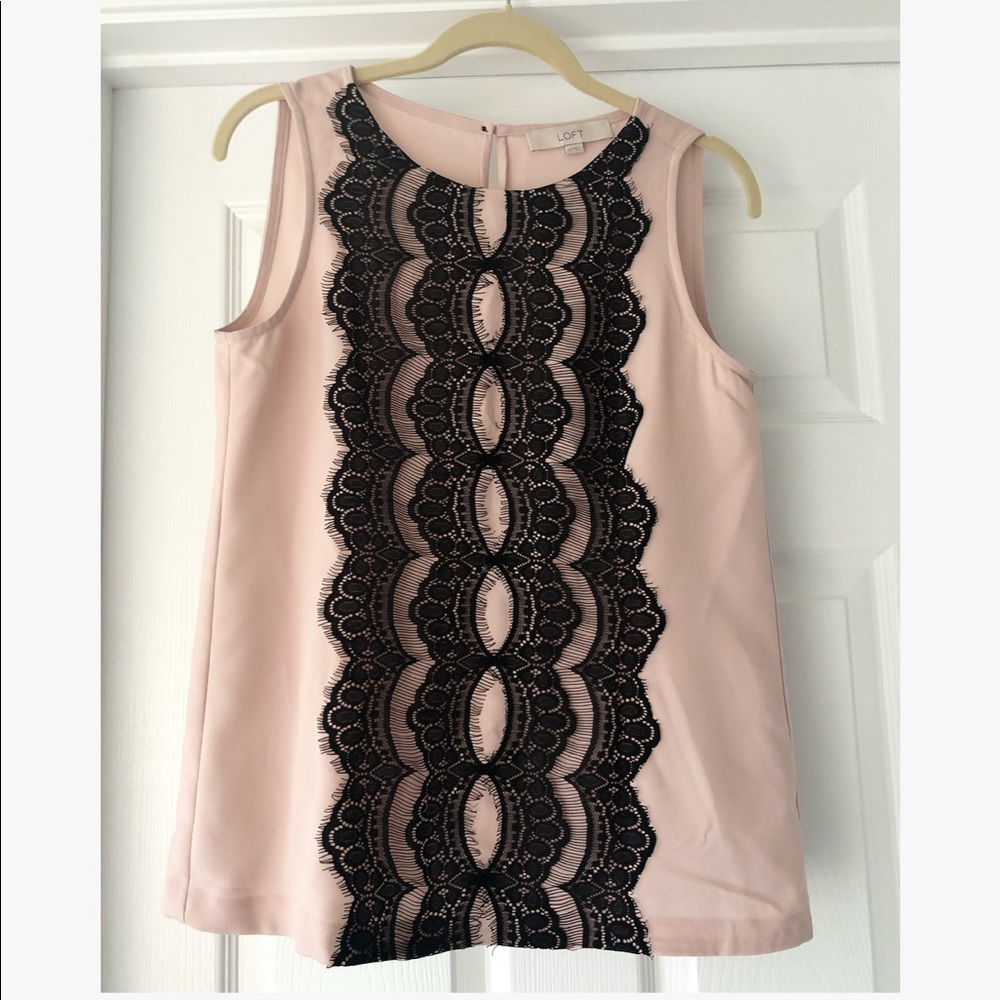 LOFT Blush Pink Tank with Black Lace Applique